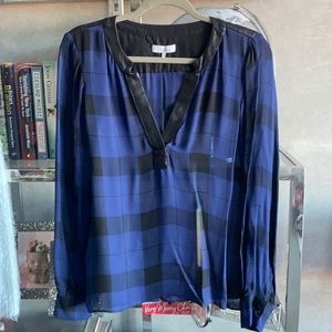 Parker silk leather trim plaid blouse